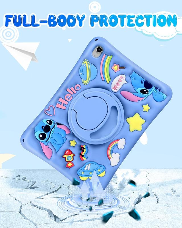 for iPad 10th Generation Case 10.9 Inch - Cute Cartoon Character 3D Unique Design for Girls Women Girly Soft Silicone Kickstand for iPad Case 10th Generation 2022 with String, Blue Stit