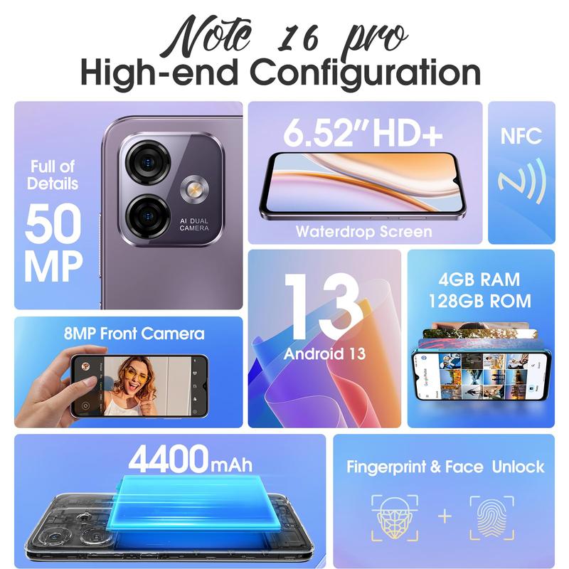 Note 16 Pro NFC Unlocked Mobile Cell Phones,  12GB (4GB+8Virtual)+ 128GB, 8 Core, 6.52 ''FHD Display + Screen Unlocked, Android 13, 50MP + 8MP, 4400 mAh Battery , Dual Sim 4G LTE Cellphone , Splash Proof,Fingerprint &Face Unlock Smartphone