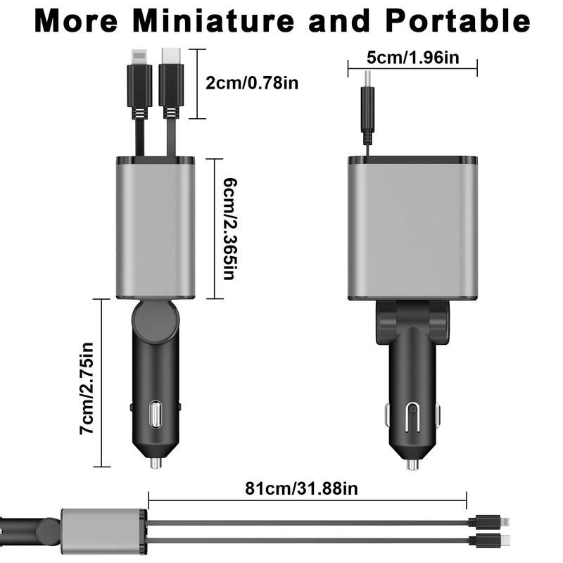 4 in 1 Digital Display Car Charger for Fall Gift, Multifunctional Car Phone Charger with 4 Usb Ports, Car Charger with Data Cable, Retractable Car Charger, Universal Portable Charger for Iphone & Android Phone, Electronic Car Accessories