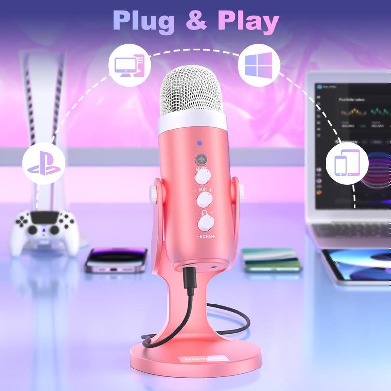 HAOMUREN USB Gaming Condenser Microphone, Microphones for iPhone, Condenser Gaming Condenser Mic Set with Gain-Knob, Press to Mute, Monitor Volume Echo Adjustment for Phone Laptop PC PS4 5 Computer, Come with Stand Base