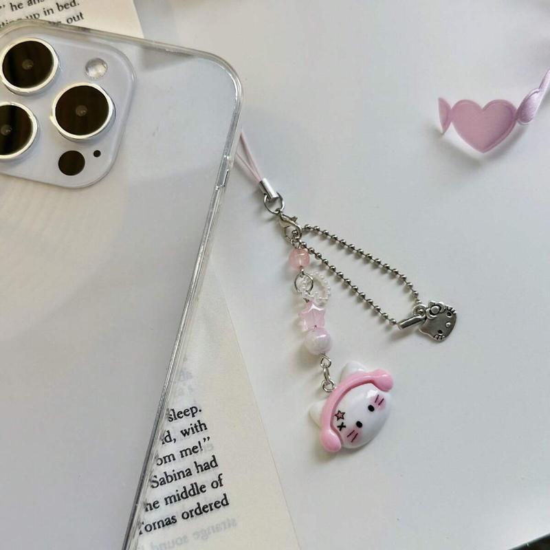 Original Design Pink Earphone Cat Shaped Phone Lanyard, Kawaii Cartoons Cute Handmade Guben Chain, Phone Pendant, Phone Strap