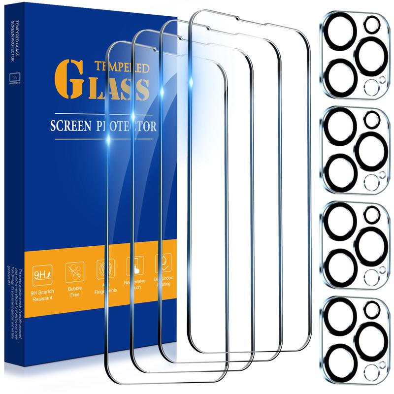 8 Pcs set Tempered Glass Screen Camera Lens Protector For iPhone 16 15 14 13 12 11 Pro Max with 4 Pcs Screen Protector & 4 Pcs Camera Lens Protector