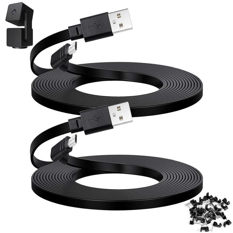 2-Pack 30 ft Cable for WYZE Cam Pan V3 Outdoor Camera, Micro USB 90 Degree Adapter, Flat Power Cord, Black