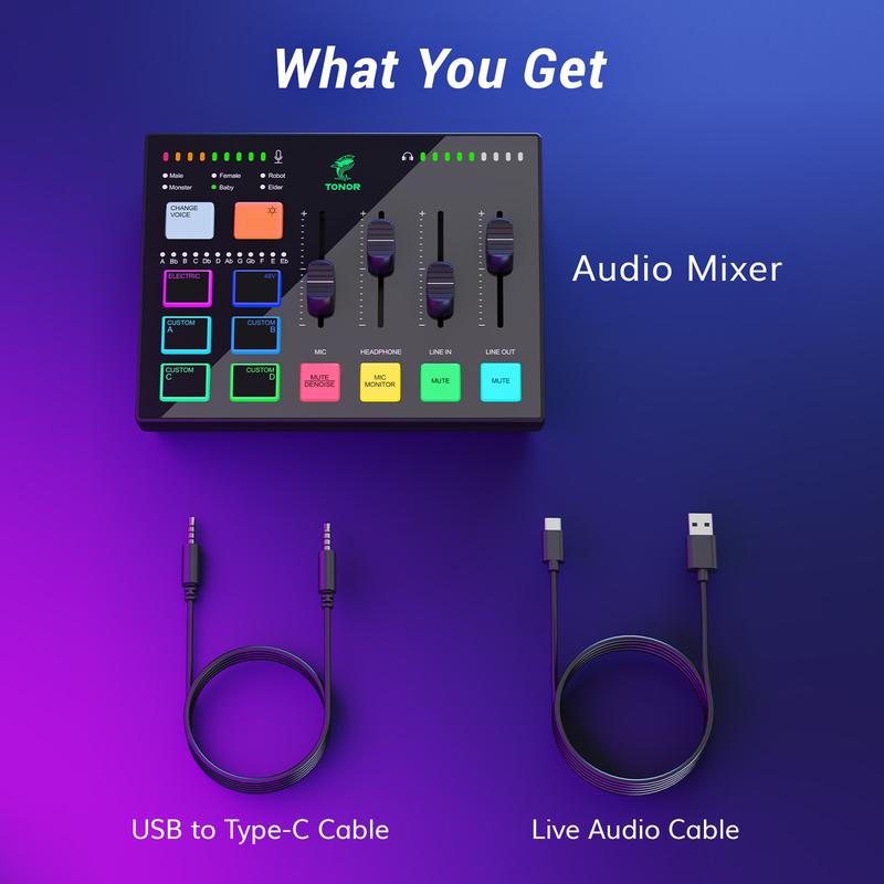 TONOR TX310 Gaming Audio Interface, RGB Audio Mixer with Pro-preamp, 6.5mm and XLR Channel, Support for Instrument Input, Independent Volume Controls, for Gaming, Live Streaming, Content Creating