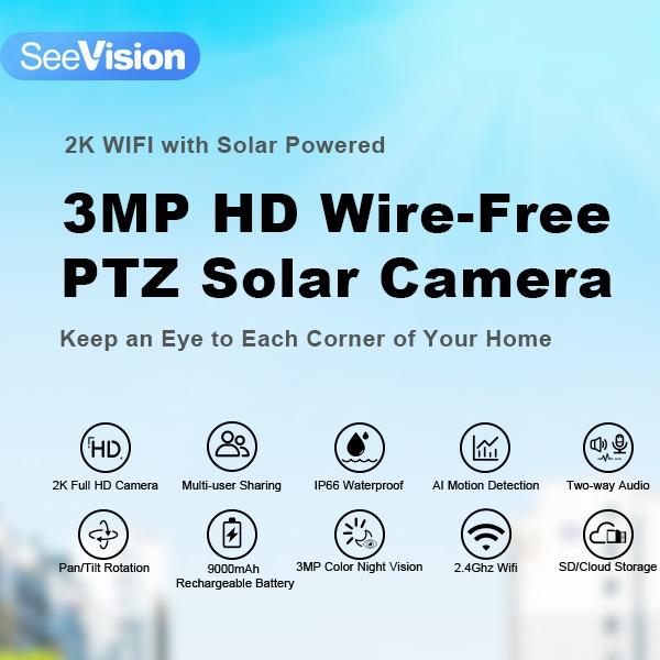 SeeVision C8 WiFi Security Outdoor Solar Wireless Camera For Home with Spotlight, PIR Motion Detection, Color Night Vision, and Two-Way Talk