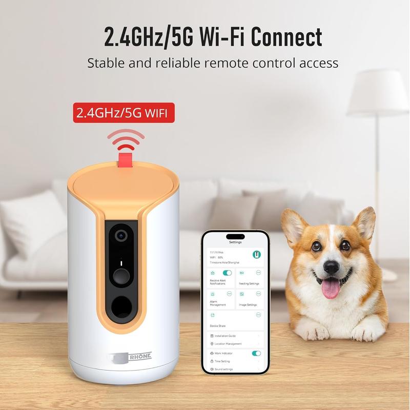 2K Pet Camera, 360?View  Camera  Dispenser, 5G WiFi Pets  with Phone APP, Two-Way Audio,  Night Vision, Barking Detection and Motion , Works with Alexa