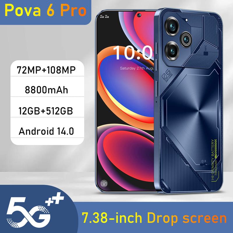 Pova 6 Pro 5G smartphone 7.38-inch HD 12G+512G Android 14 72MP+108MP 8800mAh Dual SIM Snapdragon8 Gen3 Face Unlock Fingerprint Unlocked OTG GPS Mobile Cellphone Mobile Cellphone