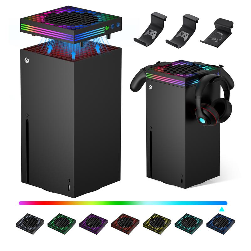 Cooling Fan for Xbox Series X with RGB Light Strip & 3 Detachable Hooks, Wiilkac 4 in 1 Top Fan Cooling System with Built-in Dust Filter, 3 Level Adjustable Speed Fan Cooler & Independent Fan Switch Accessories Console