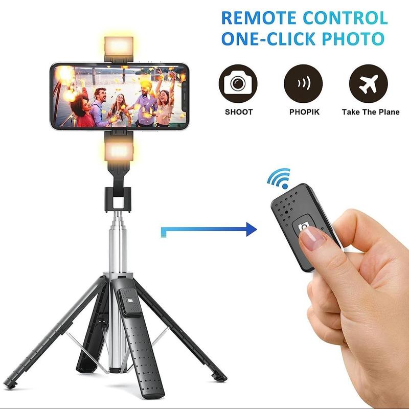 Portable Selfie Stick Tripod, 360° Rotatable Selfie Stick with Remote Control & Fill Light, Phone Tripod Stand for Gopro, iPhone, Samsung, Huawei