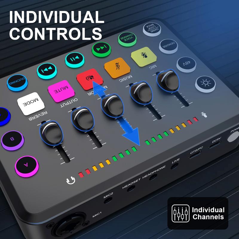 VeGue Gaming Audio Mixer, Streaming RGB PC  Smartphone Mixer with XLR Microphone Interface, Individual Control Volume Fader Mute Button 48V Phantom Power for Podcast Recording Vocal Game Voice, F11