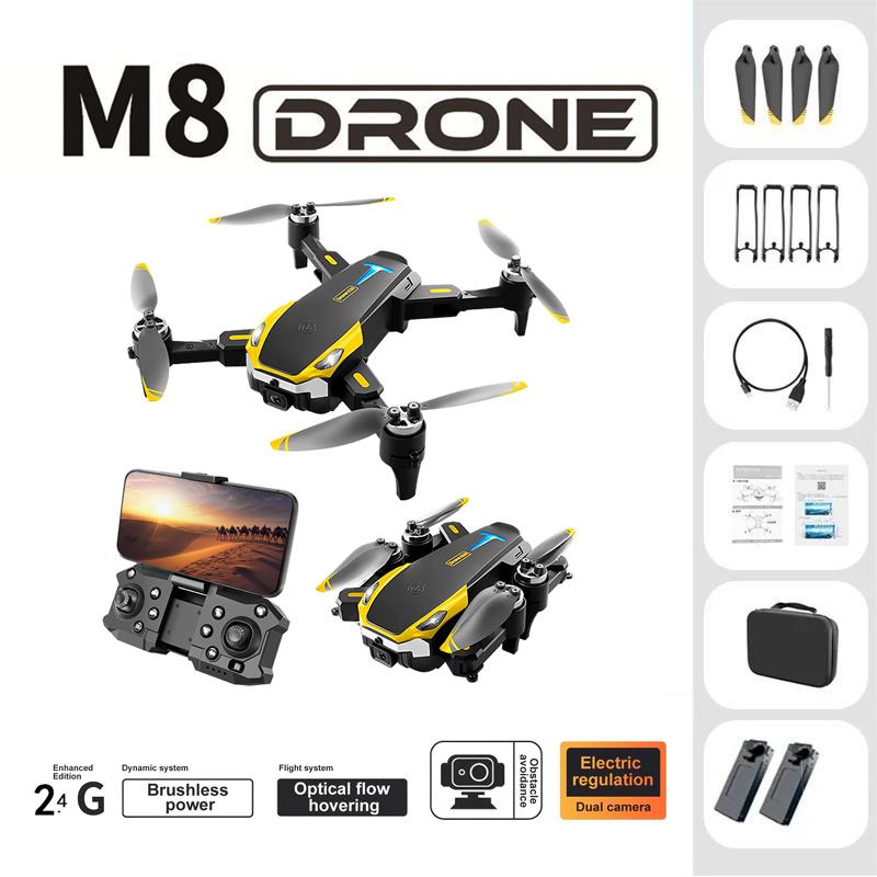 M8 Brushless Motor Aerial Photography Drone with 2 Cameras - HD FPV, Altitude Hold, 90° Adjustable Lens, 360° Flip, Toy Gift for Kids, Adults and Beginners - Includes Carrying Case, 2 Batteries - Folding, Accessories