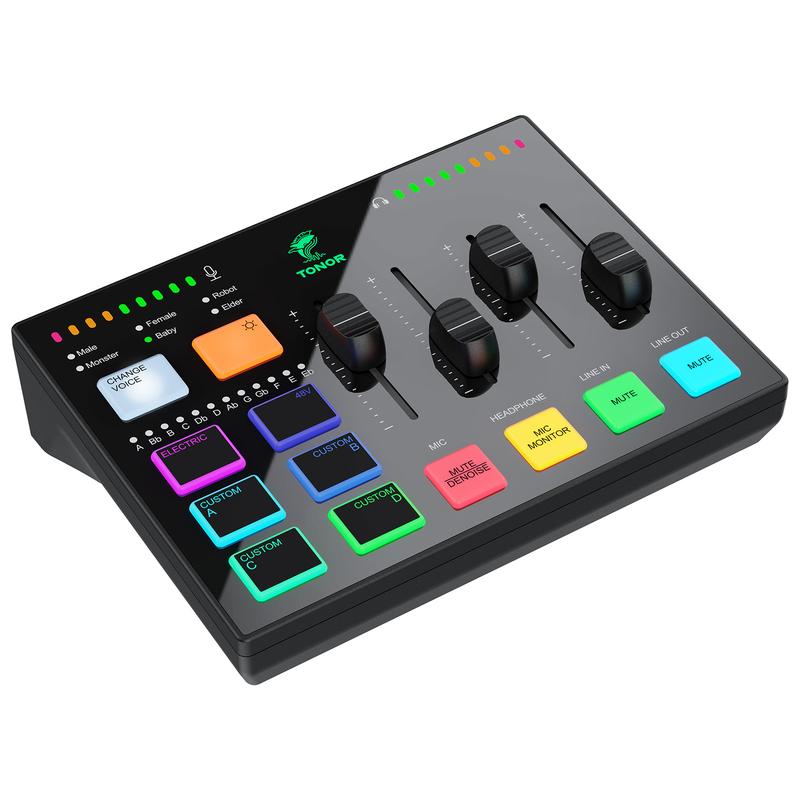 TONOR TX310 Gaming Audio Interface, RGB Audio Mixer with Pro-preamp, 6.5mm and XLR Channel, Support for Instrument Input, Independent Volume Controls, for Gaming, Live Streaming, Content Creating