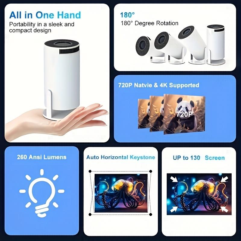 Compact 4K Smart Projector with WiFi 6 & Wireless 5.0, Screen Adjustment, 180° Rotation - USB Powered, HD 720P Home Video Projector