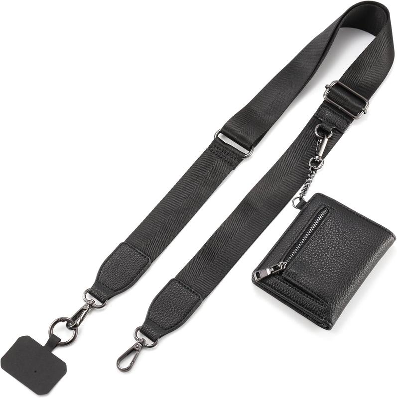 Clip and Go Phone Strap with Zipper Pouch- Stylish Crossbody Adjustable Chain Lanyard with Leather Wallet for All Phones, Black