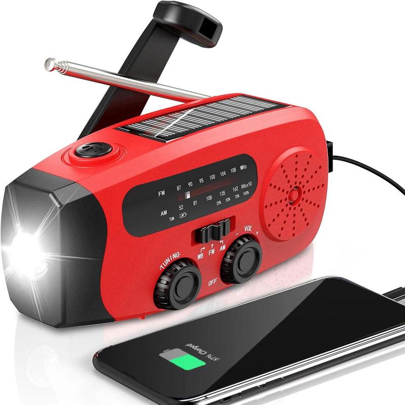 Compact Solar Powered Hand Crank Radio, Chargeable Power Bank Weather Radio with Flashlight for Charging Phones, Portable Charger Radio with LED Lights, Summer Essentials, Audio Product