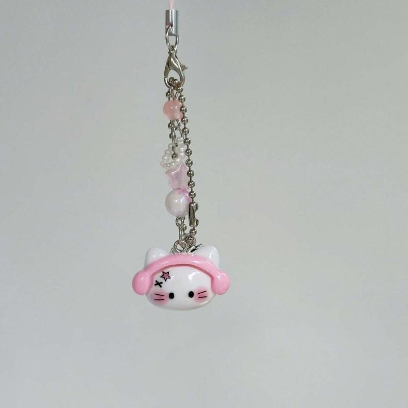 Original Design Pink Earphone Cat Shaped Phone Lanyard, Kawaii Cartoons Cute Handmade Guben Chain, Phone Pendant, Phone Strap