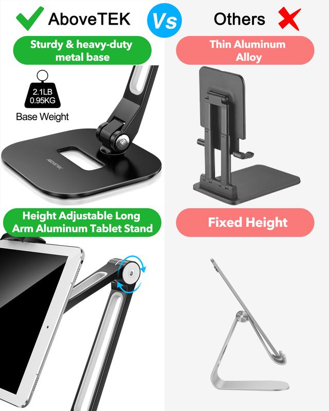 iPad Stand for Desk with Short Arm or Adjustable Stand with 15'' Arm, 360° Swivel iPad Stand Holder Fits 4”-11