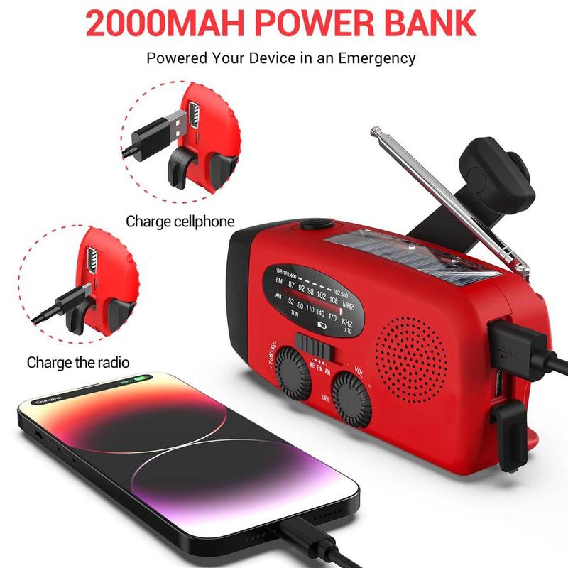 Emergency Hand Crank Radio with LED Light, AM FM NOAA Portable Weather Radio with 2000mAh Power Bank, Phone Charger, Solar Power Bank Function USB Charging Radio for Indoor Outdoor Camping Travel