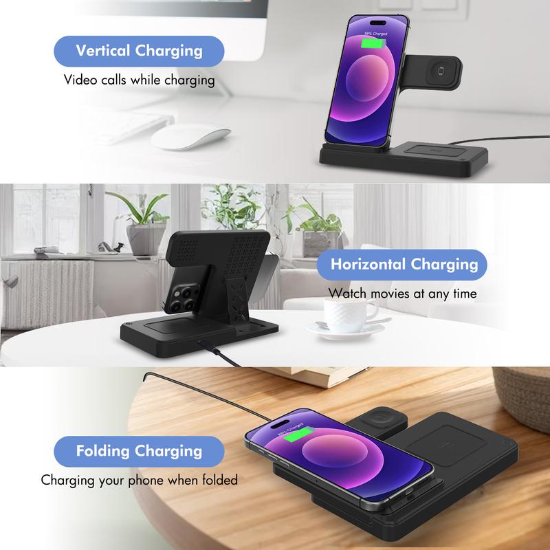 Christmas Gifts 3 in 1 Wireless Charger for iPhone, Magnetic Foldable 3 in 1 Charging Station, Adapter High-Speed Charging，18W Adapter，Travel Charger for Multple Devices for iPhone 16 15 14 13 12, for AirPods 4 3 Pro, for iWatch chargers