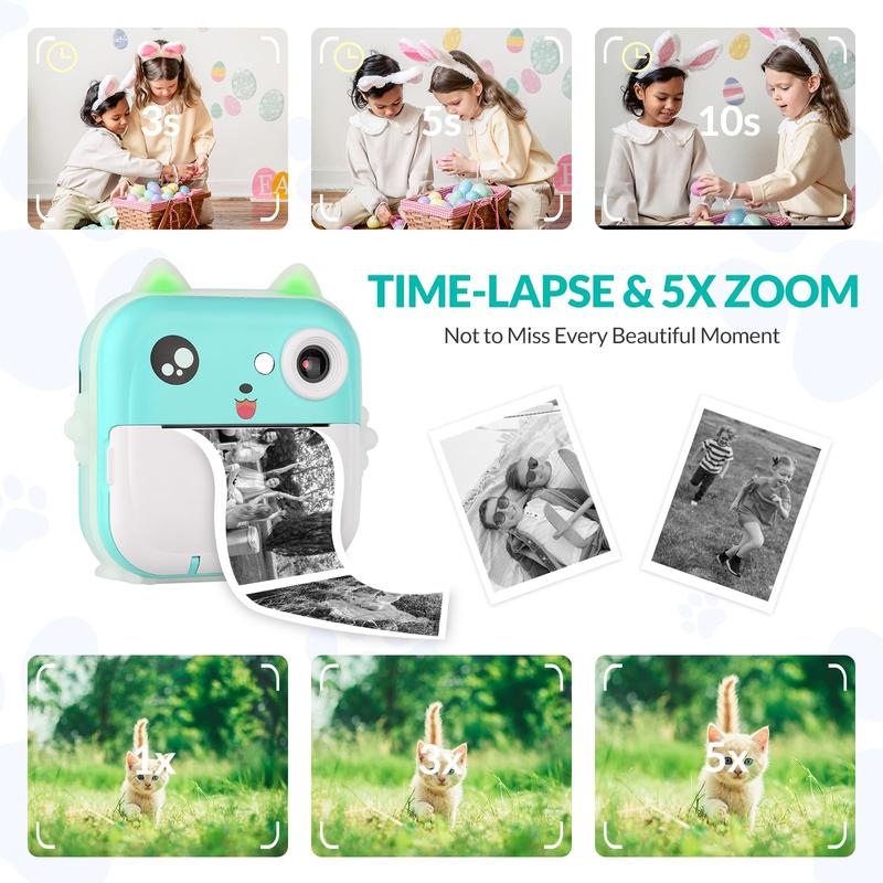 Cartoon Design Instant Print Camera, 1 Set Instant Print Camera with 2 Rolls Print Paper & 5 Counts Colored Pen & 1 Count Sticker, Label Printer for Office Supplies, Photo Camera, Instant Camera