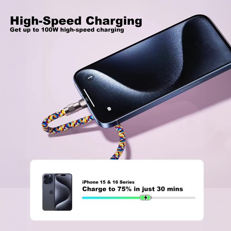 Phone Lanyard Charging Cable Crossbody, 2 in 1 Clip and Go Phone Strap - 100W Fast Charging Universal Type-C or LIghtning, 4FT Braided Cable, Alloy Buckle, Compatible with iPhone, iPad, Samsung, Laptops and Gaming Consoles fast charge