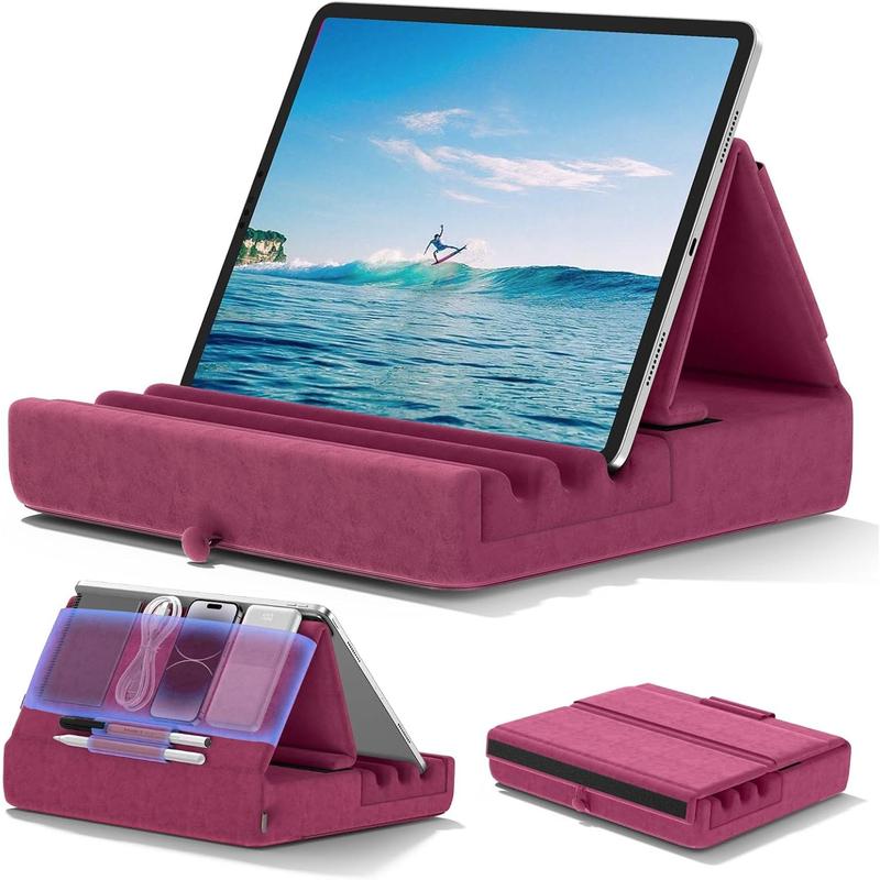 Tablet Pillow Holder, Foldable iPad Stand for Lap, Bed and Desk -Tablet Soft Pad Dock with Pocket & Stylus Mount Compatible with iPad Pro 12.9, 10.5, 9.7 Air Mini 6 5 4 3, Galaxy Tab, E-Reader