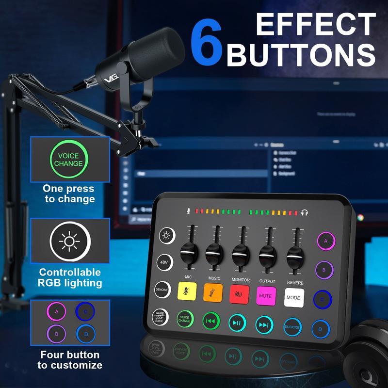 VeGue Gaming Audio Mixer, Streaming RGB PC  Smartphone Mixer with XLR Microphone Interface, Individual Control Volume Fader Mute Button 48V Phantom Power for Podcast Recording Vocal Game Voice, F11