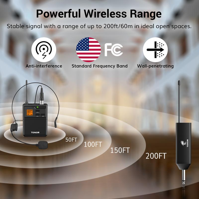 TONOR UHF Wireless Microphone System with Headset Mic Lavalier Lapel Mic, Bodypack Transmitter, Rechargeable Receiver, 15 Channels 200ft Range 1 4