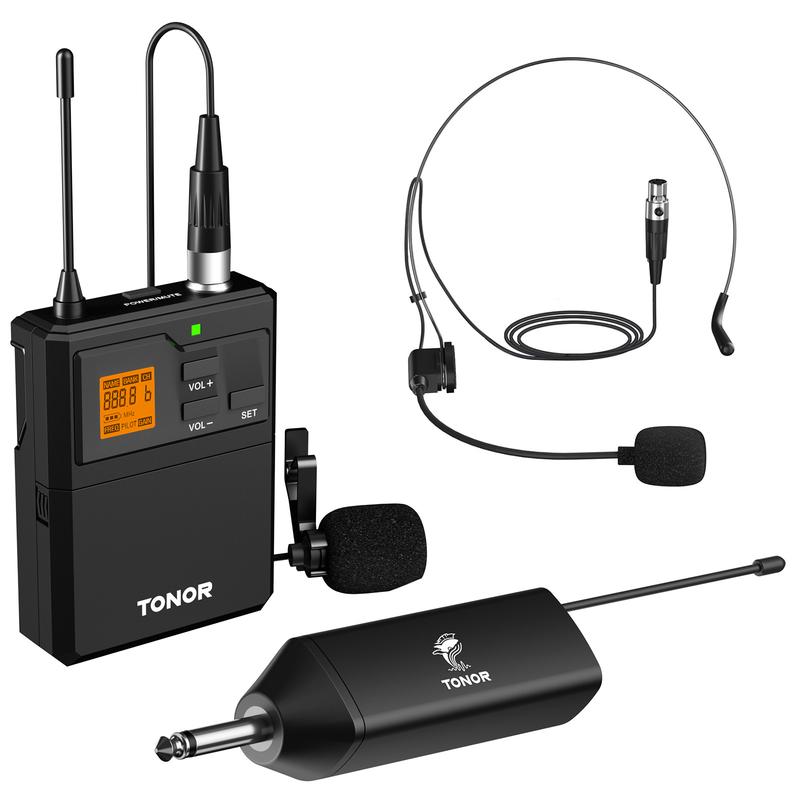 TONOR UHF Wireless Microphone System with Headset Mic Lavalier Lapel Mic, Bodypack Transmitter, Rechargeable Receiver, 15 Channels 200ft Range 1 4