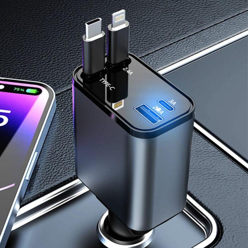 4 in 1 Digital Display Car Charger for Fall Gift, Multifunctional Car Phone Charger with 4 Usb Ports, Car Charger with Data Cable, Retractable Car Charger, Universal Portable Charger for Iphone & Android Phone, Electronic Car Accessories