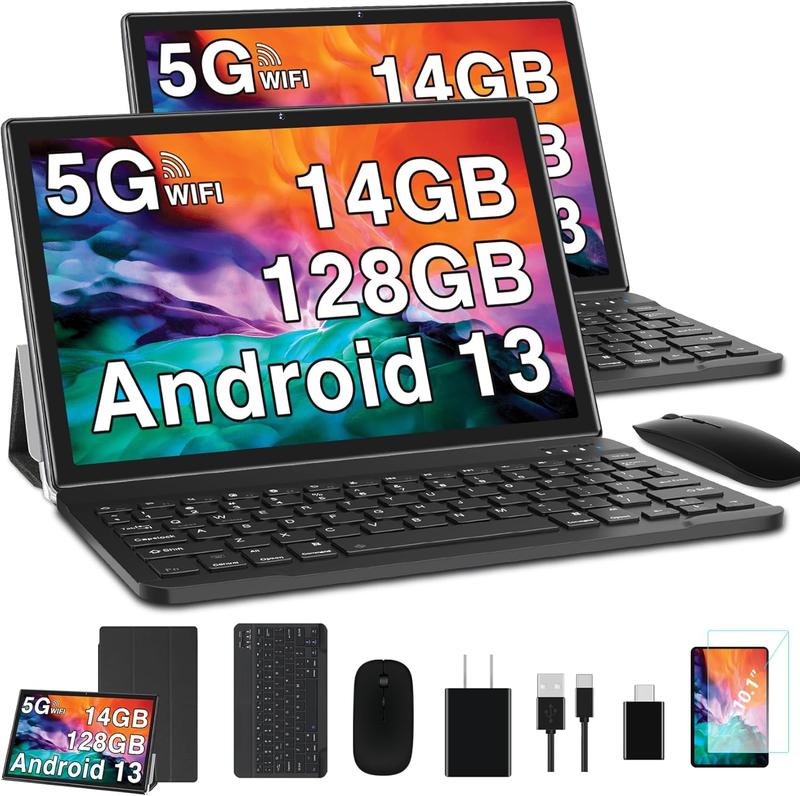 2024 Newest Android 13 Tablet 10 Inch, 5G WiFi Tablet 14GB RAM+128GB ROM(1TB TF), 2 in 1 Tablet with Keyboard Mouse Case Octa-Core 2.0Ghz | 8000mAh | 1080FHD | Bluetooth5.0 | WiFi GPS OTG Type C-Black