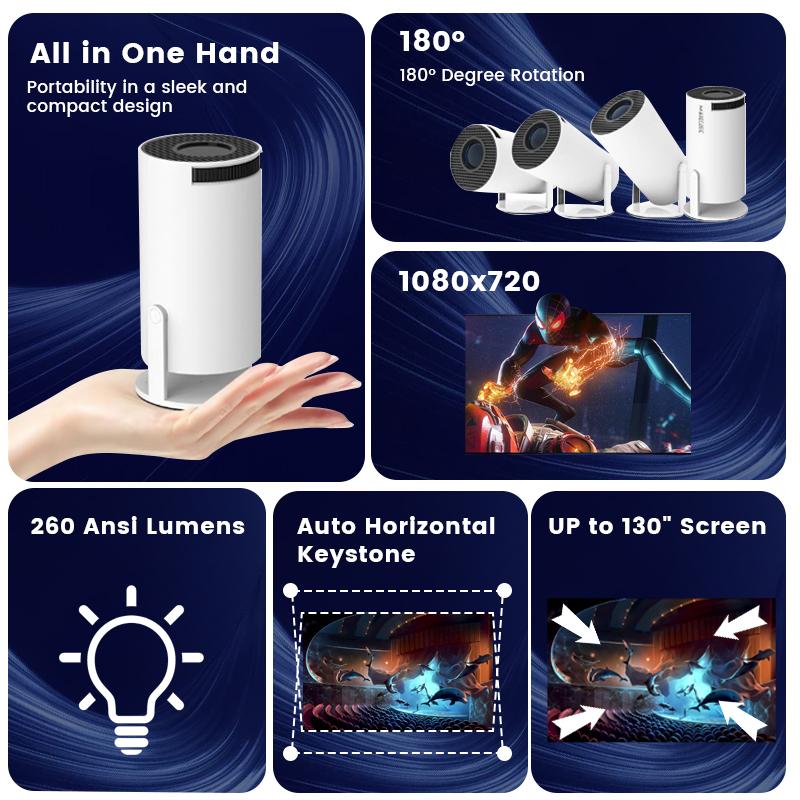 Portable Projector HY300 Pro, 4K Android 11 Dual Wifi6 260ANSI Allwinner H713 BT5.0 1080P 1280*720P Projector Multifunctional Projector for Home Cinema Outdoor