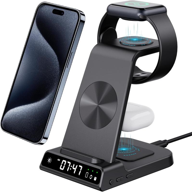 Wireless Charger, 3 in 1 Charging Station for Multiple Devices Apple with Digital Clock for iPhone 15 14 13 12 Pro Max XR AirP od Pro 3 2, Charger Dock for Apple Watch Series 8 7 SE 6 5 4 3 2 1 Led Protection Cellphone Mobile fast charger