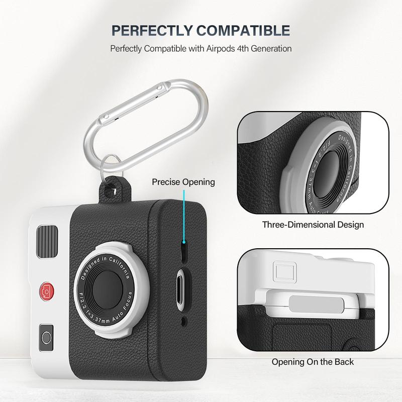 Vintage Camera Design Earphone Case with Anti-lost Hook, Silicone Headphone Case, Drop-proof Earphone Protective Cover for AirPods 4th Generation