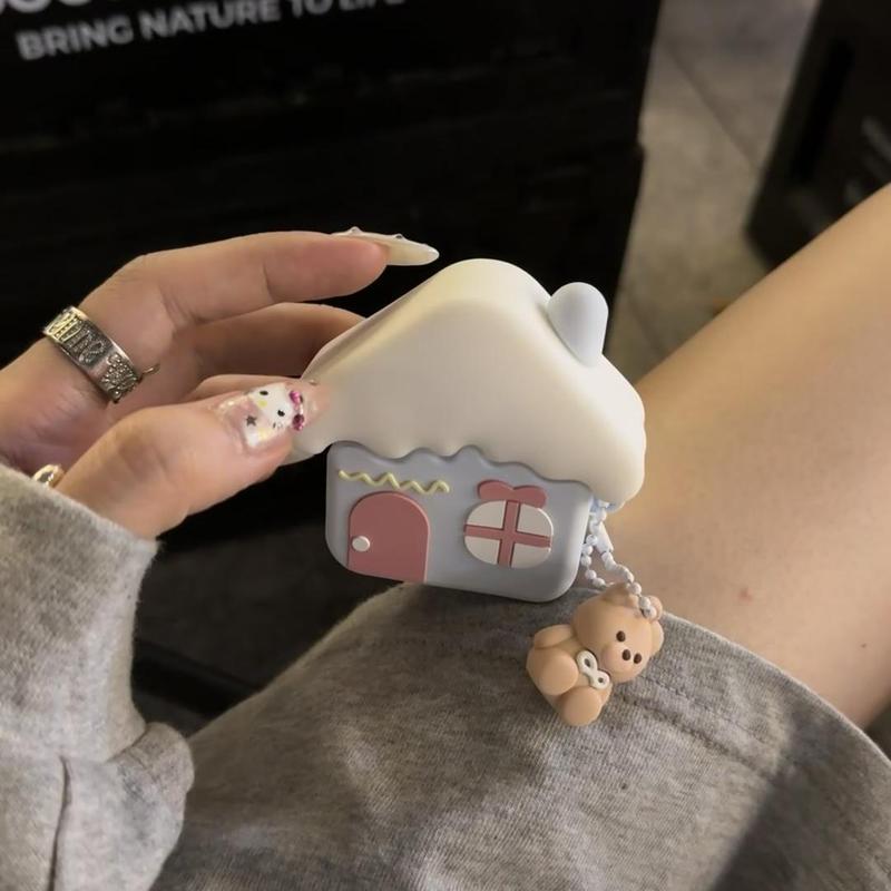 Cute House Design Earphone Case with Bear Pendant, Soft Silicone Earphone Protective Cover, Earphone Accessories Compatible with AirPods