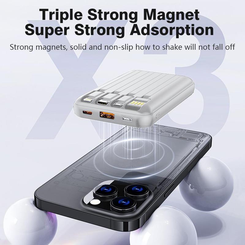 Magnetic Wireless Mobile Charger - 10000mAh Magnetic power supply with 4 built-in cables for iPhone 15 14 13 12 Pro Mini Pro Max