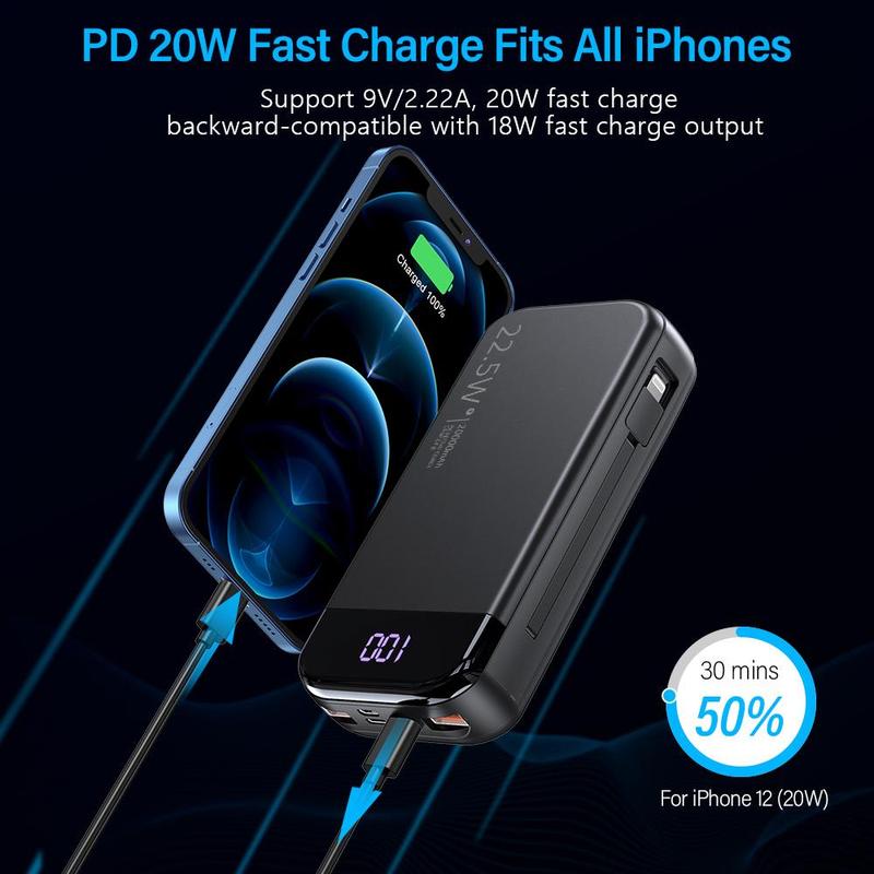 20000mAh Large Capacity Mobile Power Bank, Power Bank with Built-in 2 Cables, USB C-Input Output, PD3.0 QC4.0 22.5W Fast Charging, Suitable for Most Electronic Devices, Smartphone Accessories, Stocking Fillers Gift