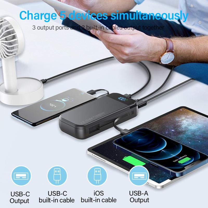 20000mAh Large Capacity Mobile Power Bank, Power Bank with Built-in 2 Cables, USB C-Input Output, PD3.0 QC4.0 22.5W Fast Charging, Suitable for Most Electronic Devices, Smartphone Accessories, Stocking Fillers Gift