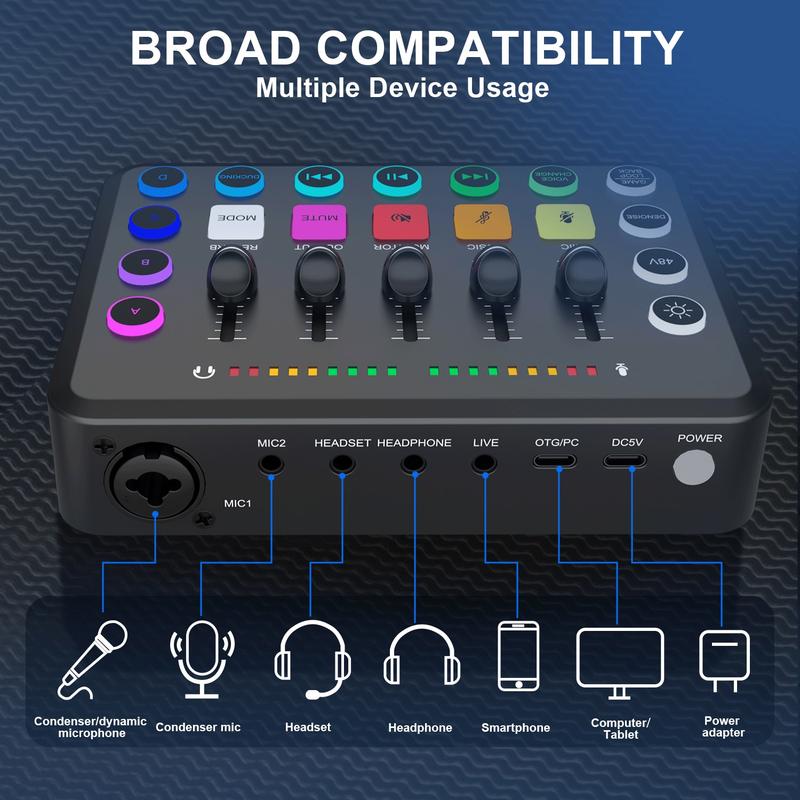 VeGue Gaming Audio Mixer, Streaming RGB PC  Smartphone Mixer with XLR Microphone Interface, Individual Control Volume Fader Mute Button 48V Phantom Power for Podcast Recording Vocal Game Voice, F11