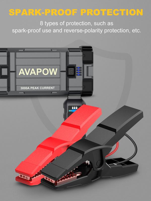 AVAPOW 3000A Peak Jump Starter with Force Start Function, Portable Starters for Up to 8L Gas 8L Diesel Engine with Booster Function,12V Lithium Jump Charger Pack Box Accessories Rechargeable Device Phone Smartphone.Final price depends on payment