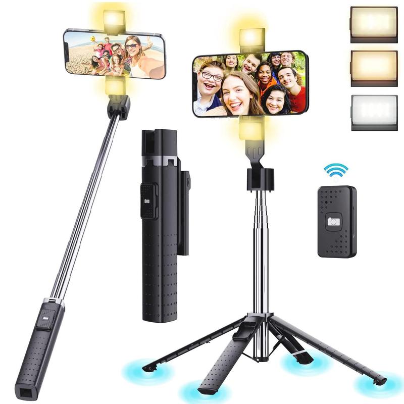 Portable Selfie Stick Tripod, 360° Rotatable Selfie Stick with Remote Control & Fill Light, Phone Tripod Stand for Gopro, iPhone, Samsung, Huawei