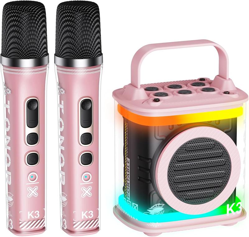 Mini Karaoke Machine with 2 Wireless Microphones, Portable Bluetooth Speaker for Kids Adults with Colorful LED Lights, Toy Gifts for Toddler Girls and Boys Age 4 5 6 7 8 9 10 12 Home Party Pink