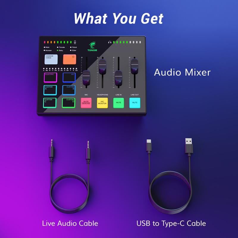 TONOR TX310 Gaming Audio Interface, RGB Audio Mixer with Pro-preamp, 6.5mm and XLR Channel, Support for Instrument Input, Independent Volume Controls, for Gaming, Live Streaming, Content Creating