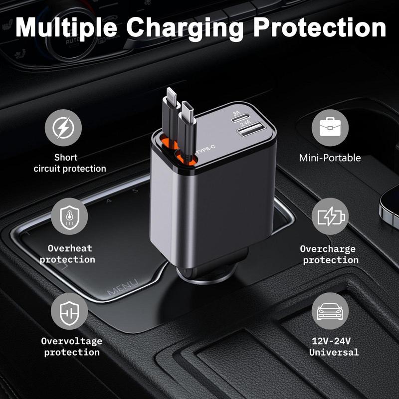 4 in 1 Digital Display Car Charger for Fall Gift, Multifunctional Car Phone Charger with 4 Usb Ports, Car Charger with Data Cable, Retractable Car Charger, Universal Portable Charger for Iphone & Android Phone, Electronic Car Accessories