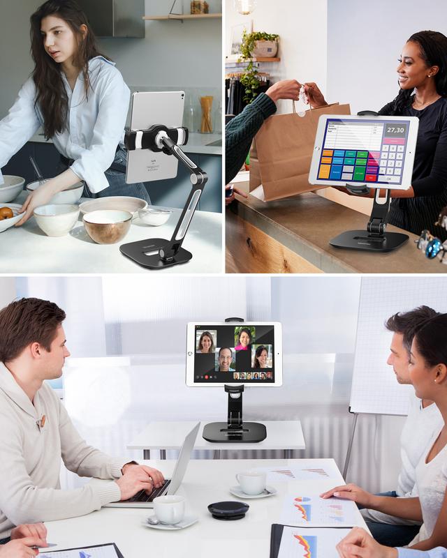 iPad Stand for Desk with Short Arm or Adjustable Stand with 15'' Arm, 360° Swivel iPad Stand Holder Fits 4”-11