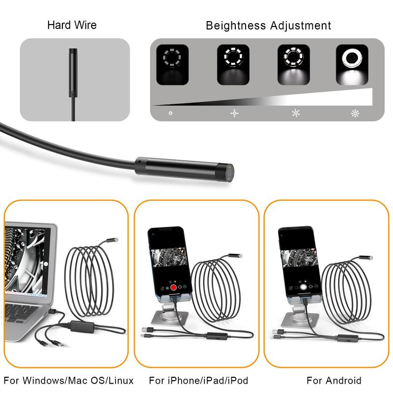 3 In 1 Endoscope Camera with LED Light, 1080P HD Borescope, Waterproof Car Inspection Camera, Multifunctional Inspection Tool for Car Repair, Home Appliance Inspection, Pipeline Maintenance (for Apple, Type-C, Android)