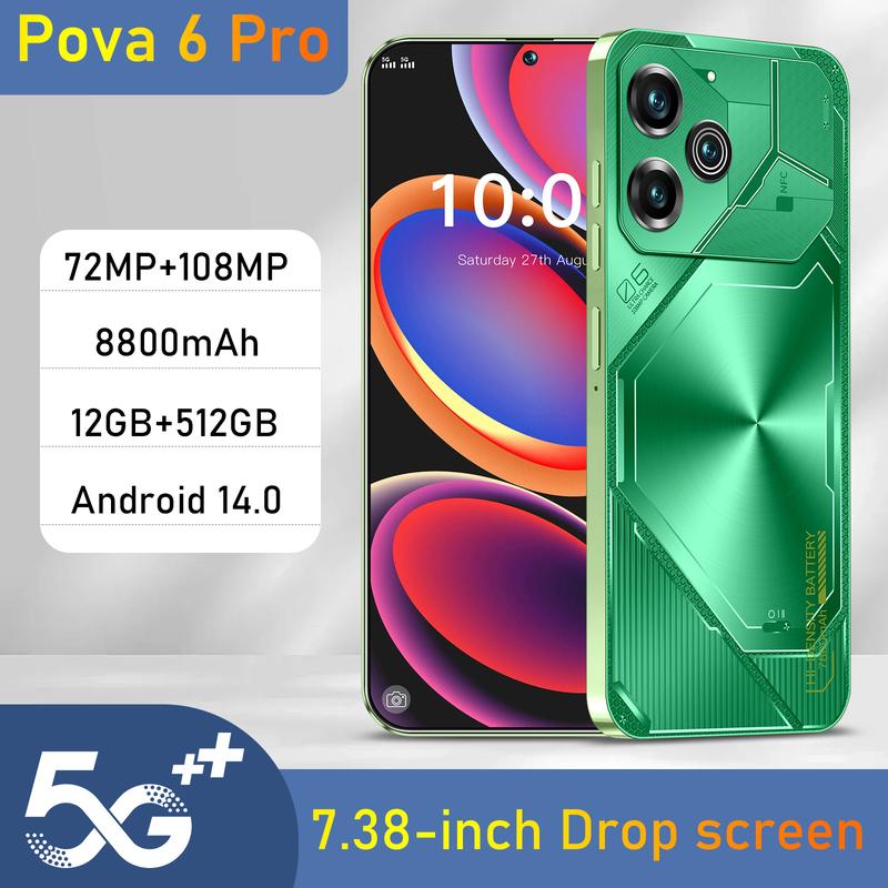 Pova 6 Pro 5G smartphone 7.38-inch HD 12G+512G Android 14 72MP+108MP 8800mAh Dual SIM Snapdragon8 Gen3 Face Unlock Fingerprint Unlocked OTG GPS Mobile Cellphone Mobile Cellphone