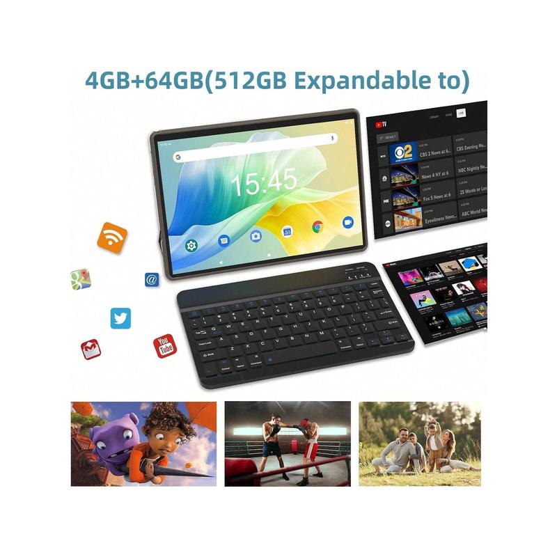 2024 Newest 2 In 1 Tablets With Keyboard, 10.1 Inch Android Tablet, 8GB RAM+64GB ROM+512GB Expandable, 8MP Dual Camera, 1280*800 IPS Screen Tablet Computer, WiFi, Bluetooth, 6000mAH Long Battery Life Tablet PC