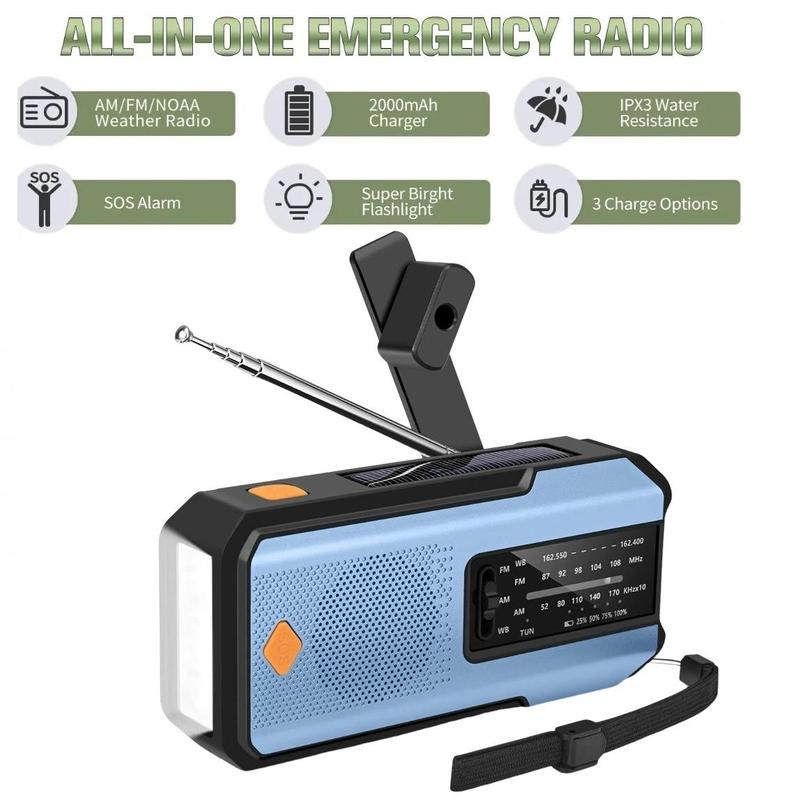 Durable Emergency Hand Crank Radio with 3LEDs Flashlight for Summer Gift, AM FM Portable Weather Radio with 2000mAh Power Bank Phone Charging & SOS Alarm, Audio Radio for Outdoor Camping