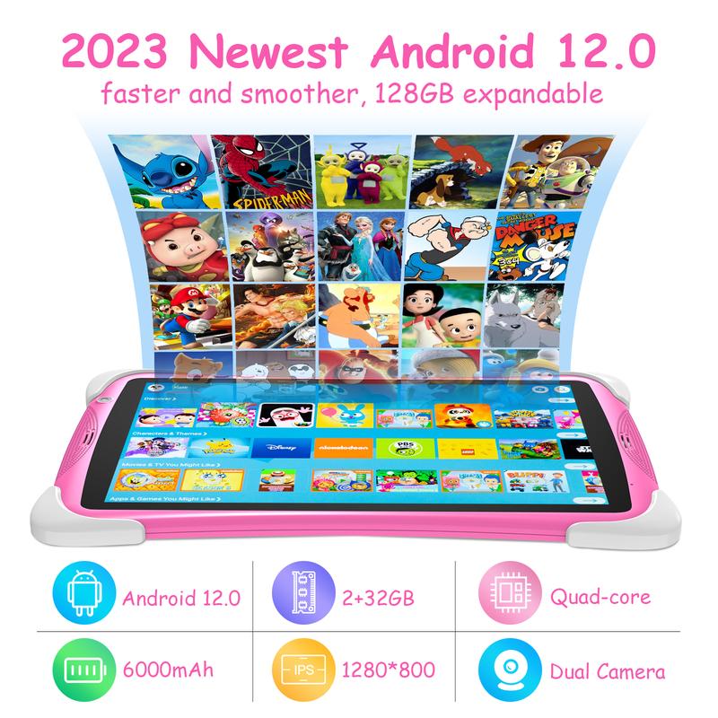 Kids Tablet, 10 Inch Tablet for Kids, 4GB+64GB Android 12, Parental Control, Kid Content Pre-Installed, SD to 128GB, 6000 mAh Battery, Eye Protection Mode, Google Store, with Stand, Pink